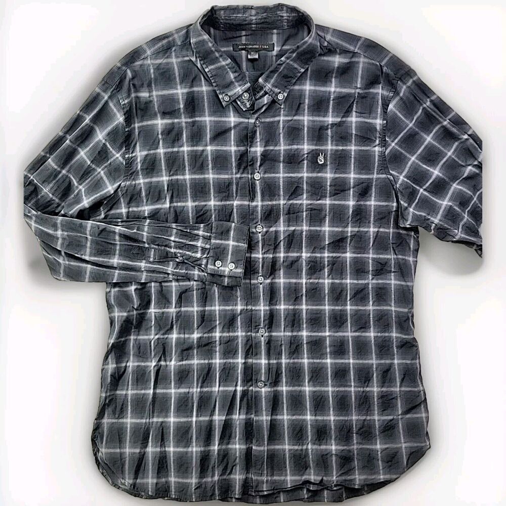John Varvatos U.S.A Men XL Black Plaid Casual Button Down Shirt Lightweight LS